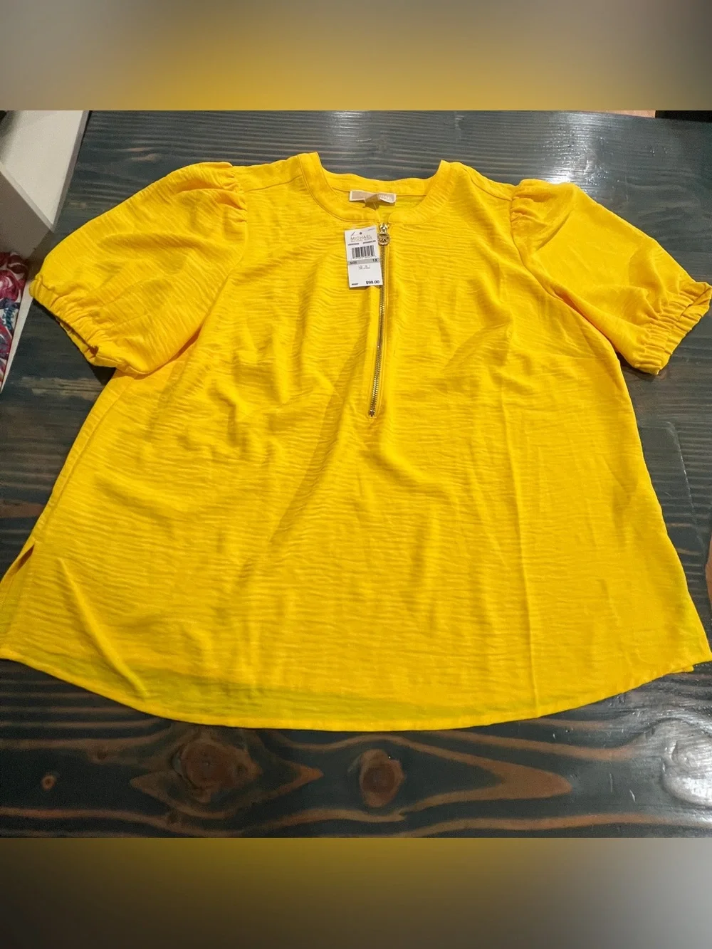Michael Kors Bright Yellow Short-Sleeve Zip-Front Women’s Blouse Size 1X NWT